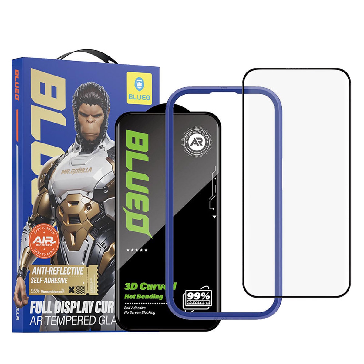 Protector de pantalla Blueo AR para Apple iPhone 16 Pro, vidrio templado, adhesivo completo, 3D, negro
