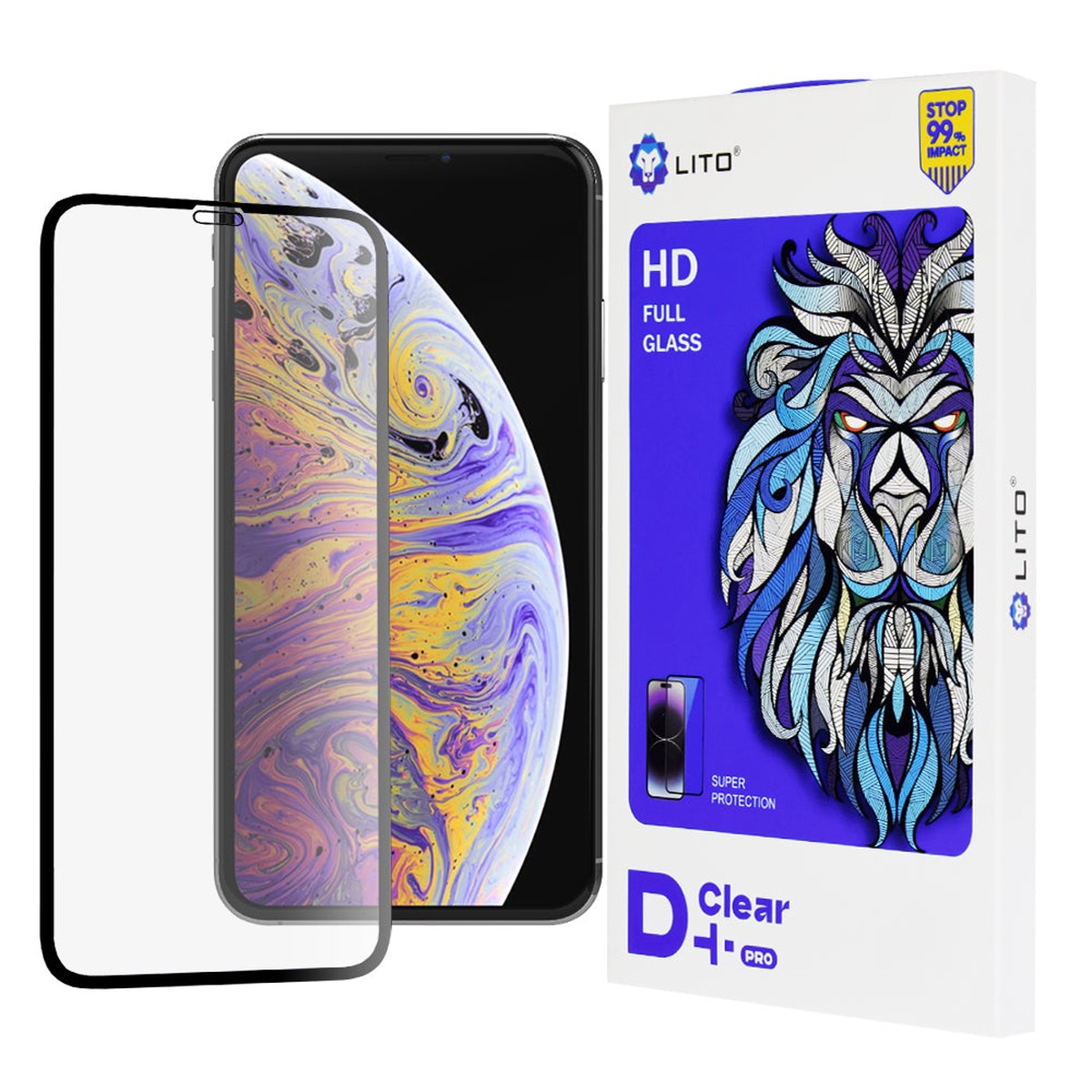 Protector de pantalla Lito D+ Pro para Apple iPhone 11 Pro Max / XS Max, vidrio templado, adhesivo completo, negro