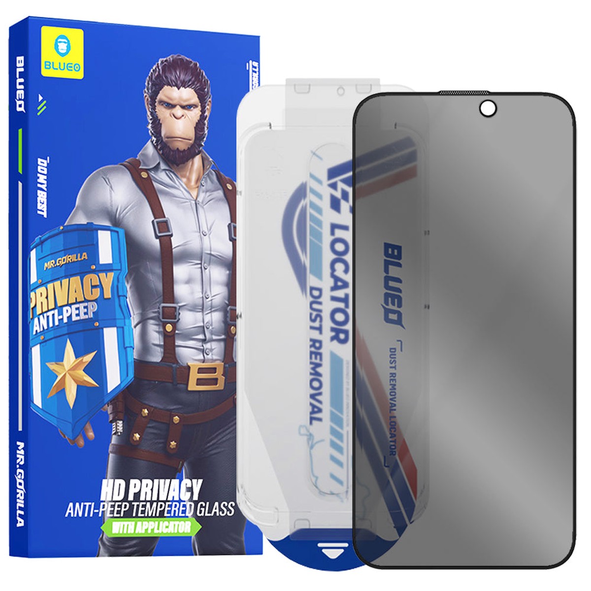Protector de pantalla Privacy Blueo Anti-Peep Applicator Pro para Apple iPhone 16 / 15, vidrio templado, adhesivo completo