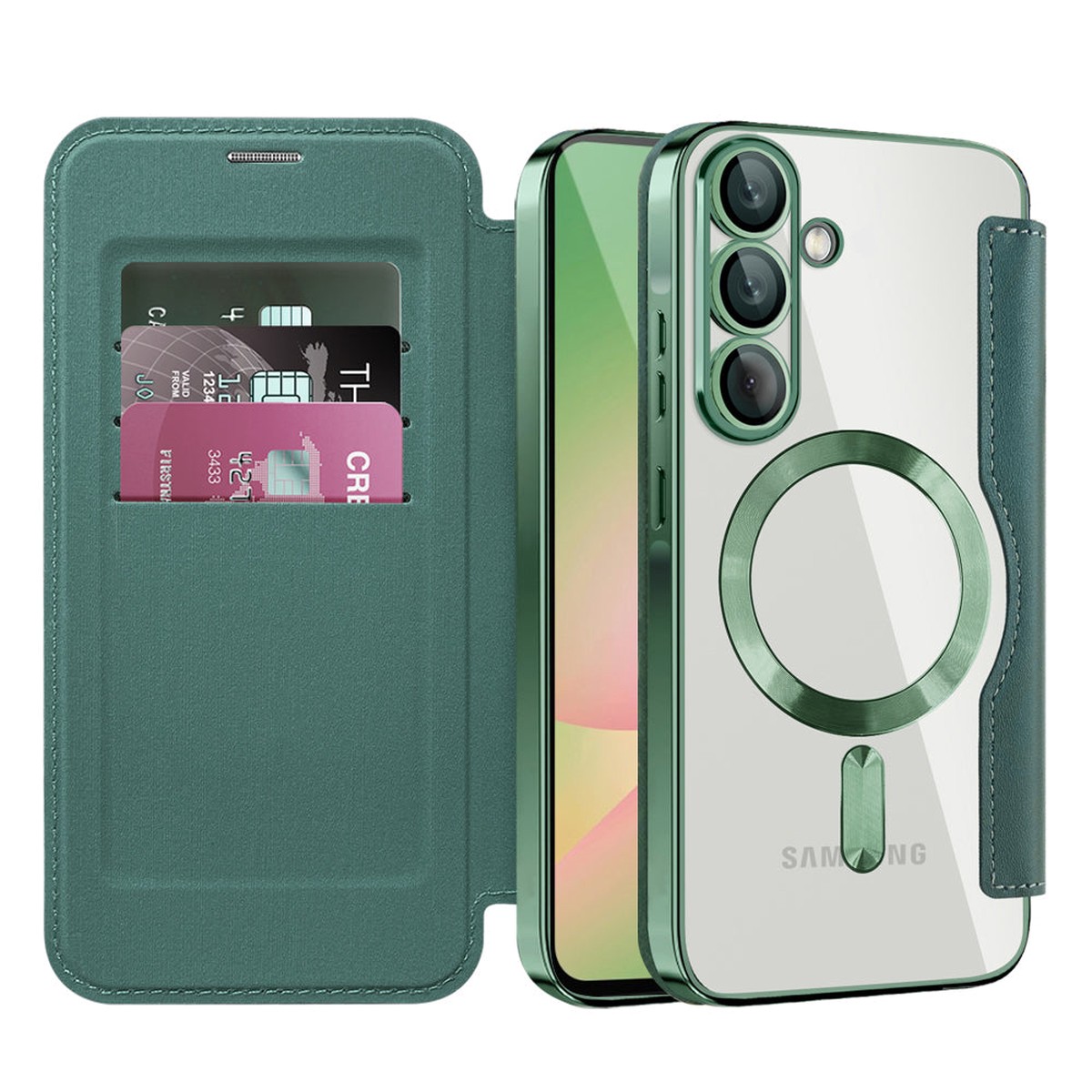 Funda MagSafe para Samsung Galaxy A56 A566, Techsuit, SmartMag Book, Verde