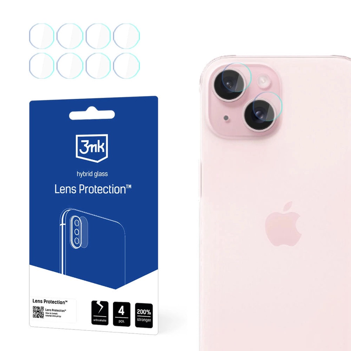 Protector de pantalla para cmara trasera 3MK Protection para Apple iPhone 15, vidrio flexible, juego de 4 piezas, transparente