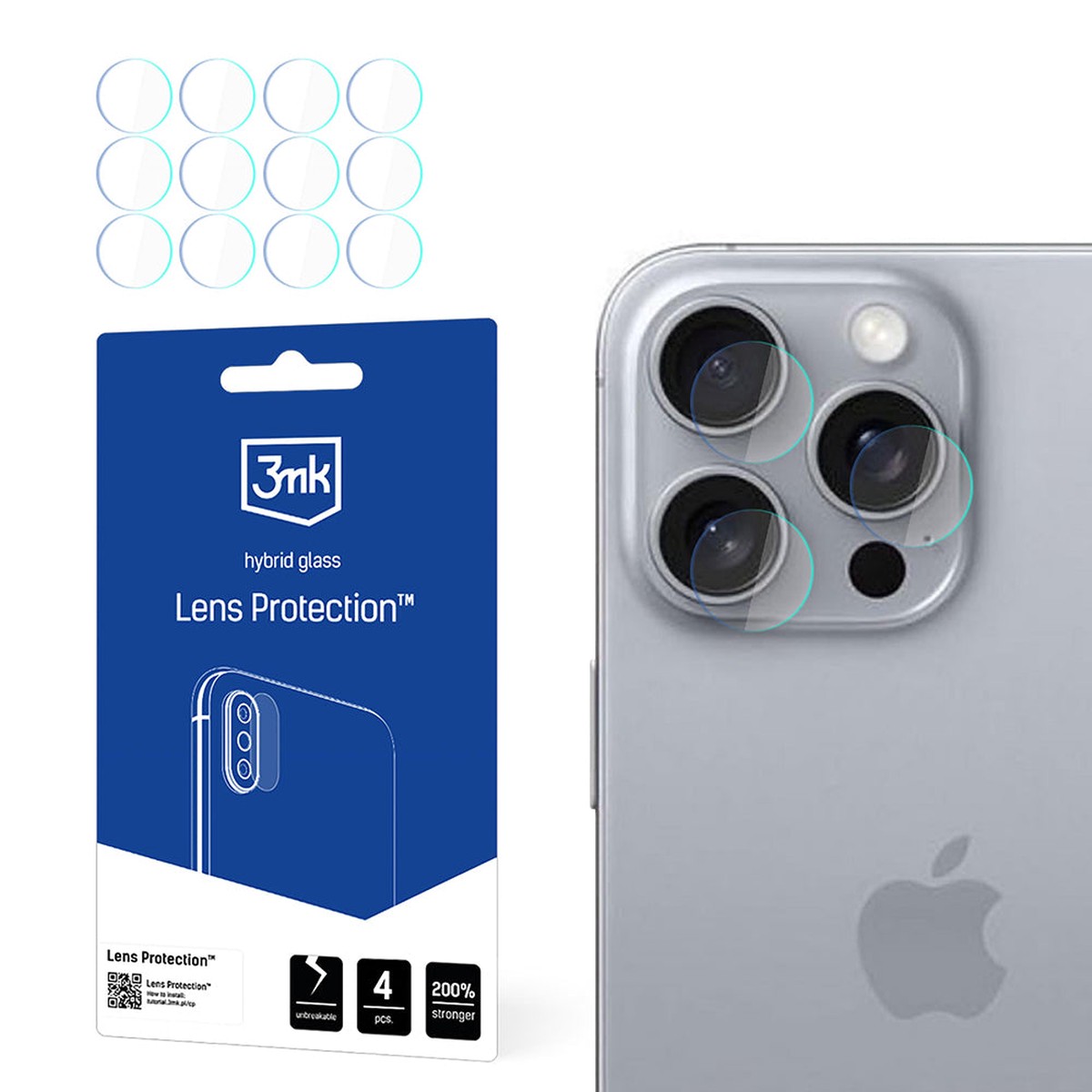 Protector de pantalla para cmara trasera 3MK Protection para Apple iPhone 16 Pro Max, vidrio flexible, juego de 4 piezas, transparente