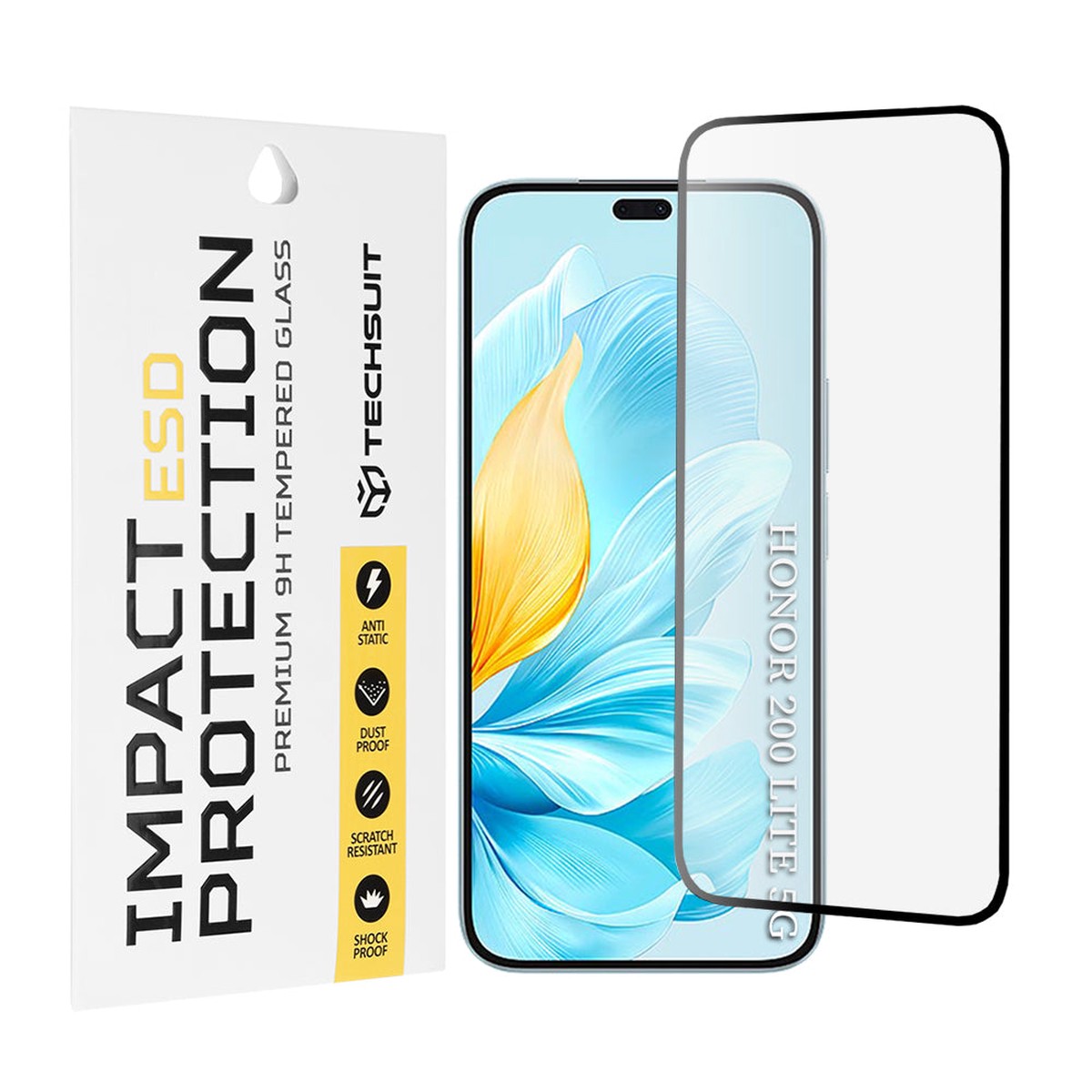 Protector de pantalla Techsuit para Honor 200 Lite, vidrio templado, adhesivo completo, negro