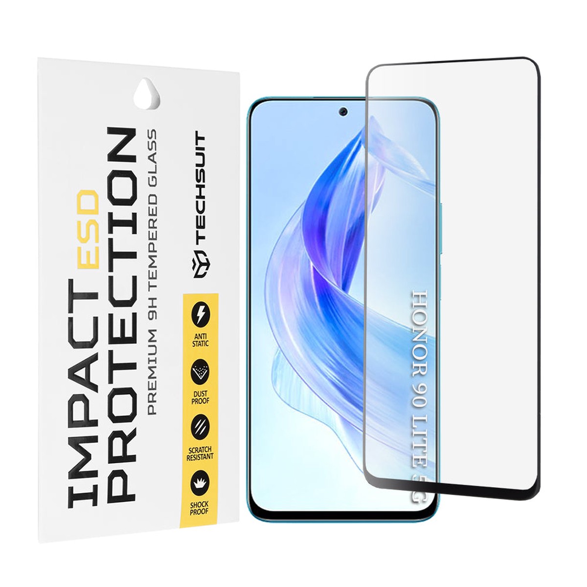 Protector de pantalla Techsuit para Honor 90 Lite, vidrio templado, adhesivo completo, negro