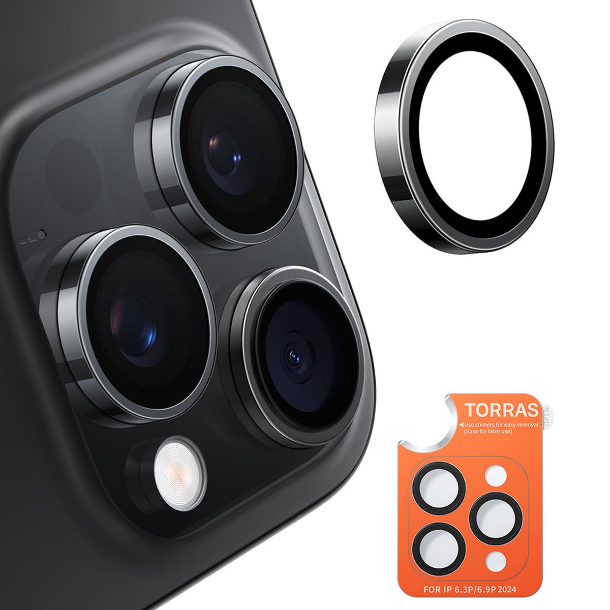 Protector de cmara trasera Torras Lensguard para Apple iPhone 16 Pro Max / 16 Pro, vidrio templado, negro