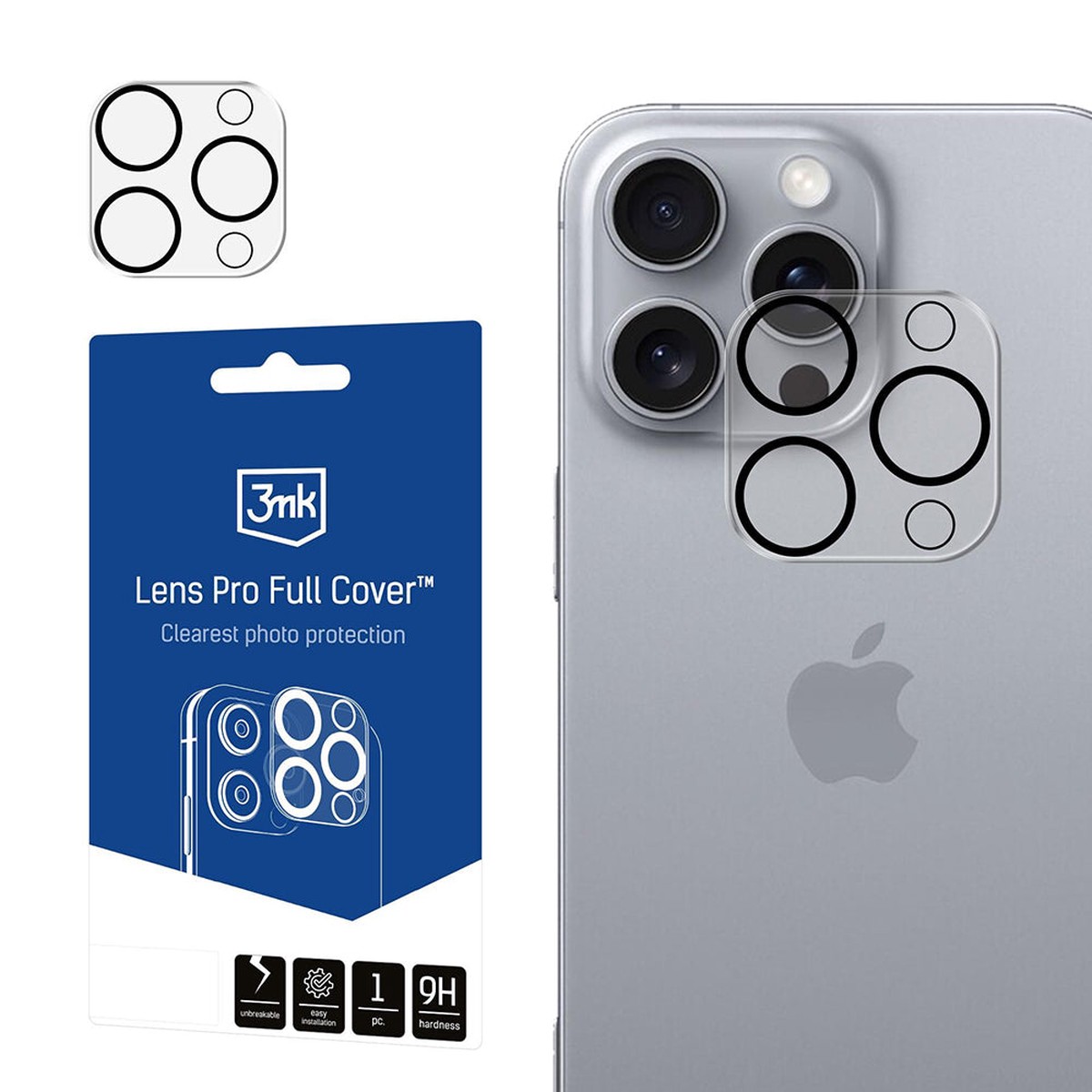 Protector de cmara trasera 3MK Pro Full Cover para Apple iPhone 16 Pro Max / 16 Pro, vidrio templado, negro