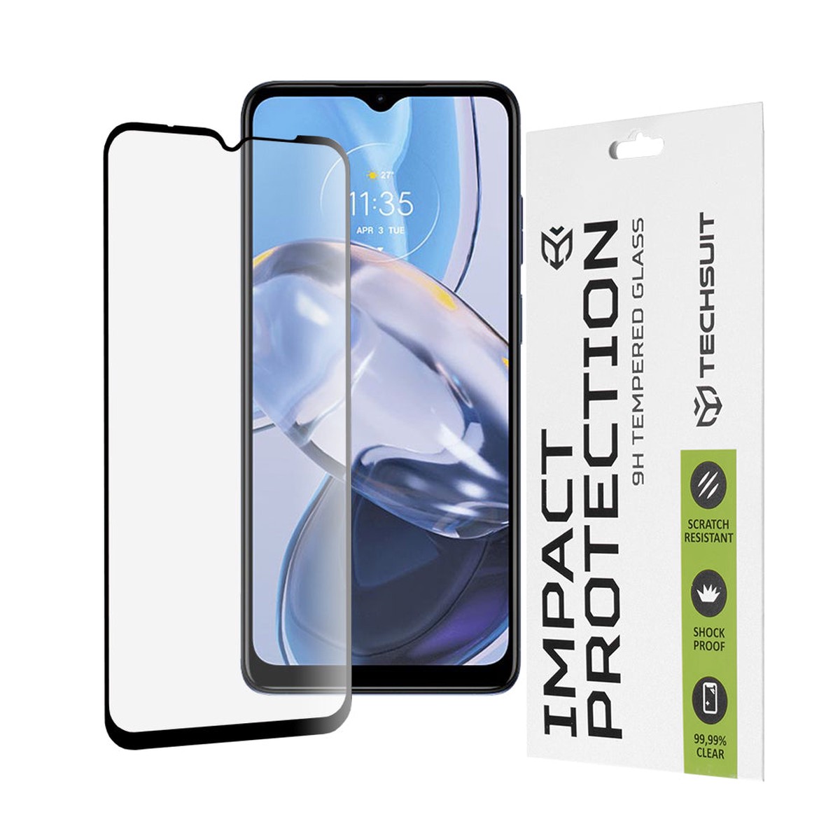 Protector de pantalla Techsuit para Motorola Moto E22i / E22, vidrio templado, adhesivo completo, 111D, negro