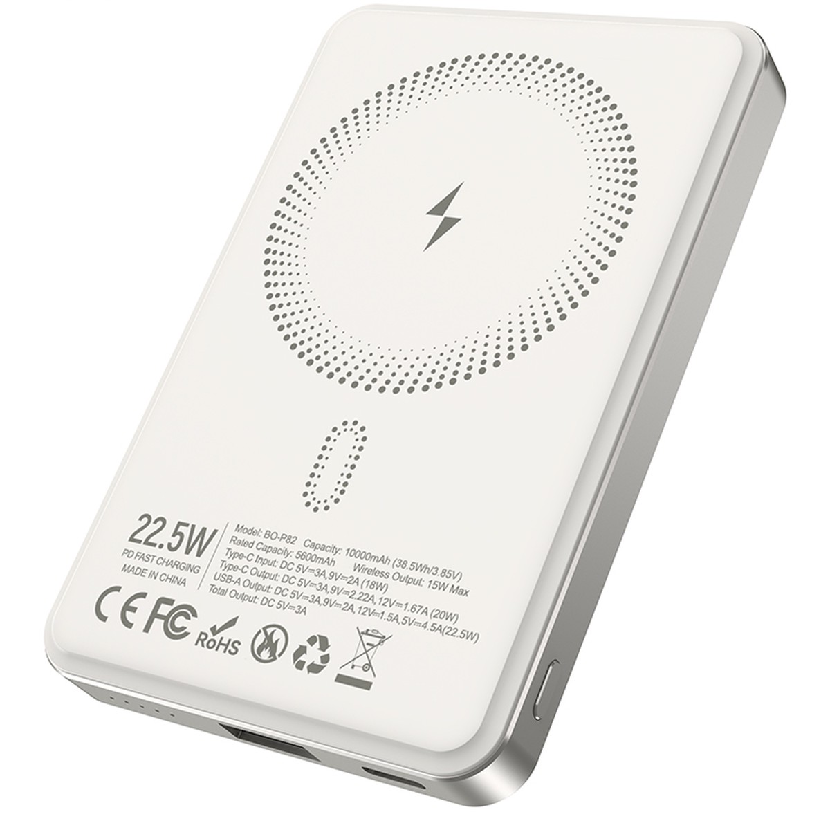 Batera Externa Inalmbrica BWOO BO-P82, 10000mAh, 22.5W, PD + FQI, 1 x QI - 1 x USB-C, Blanca