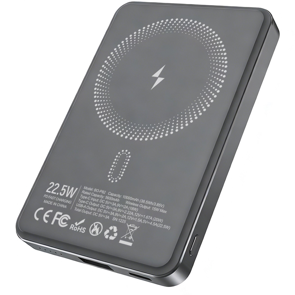 Batera Externa Inalmbrica BWOO BO-P82, 10000mAh, 22.5W, PD + FQI, 1 x QI - 1 x USB-C, Gris