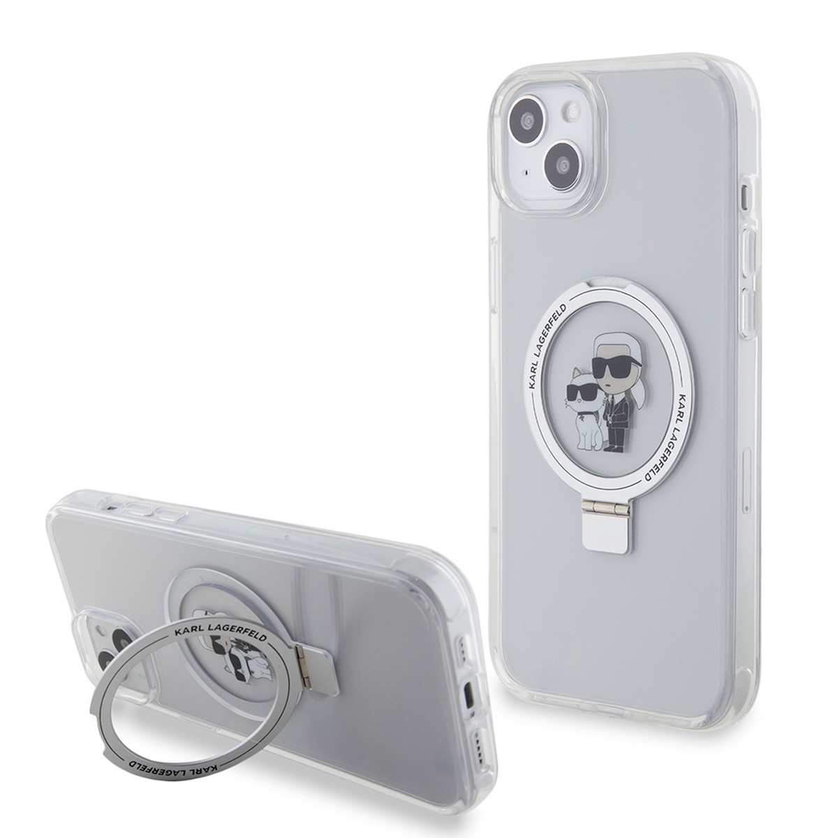 Funda MagSafe para Apple iPhone 15 Plus, Karl Lagerfeld, Ringstand Karl and Choupette, Blanca, Reacondicionada