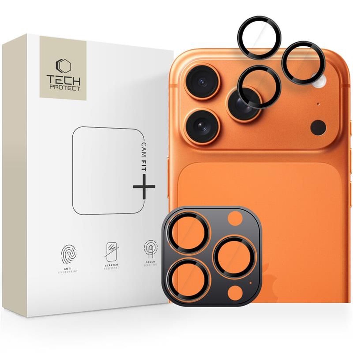 Protector de cmara trasera Tech-Protect CamRing Fit+ para Apple iPhone 17 Pro Max / 17 Pro / 16 Pro Max, Cristal Templado, Naranja