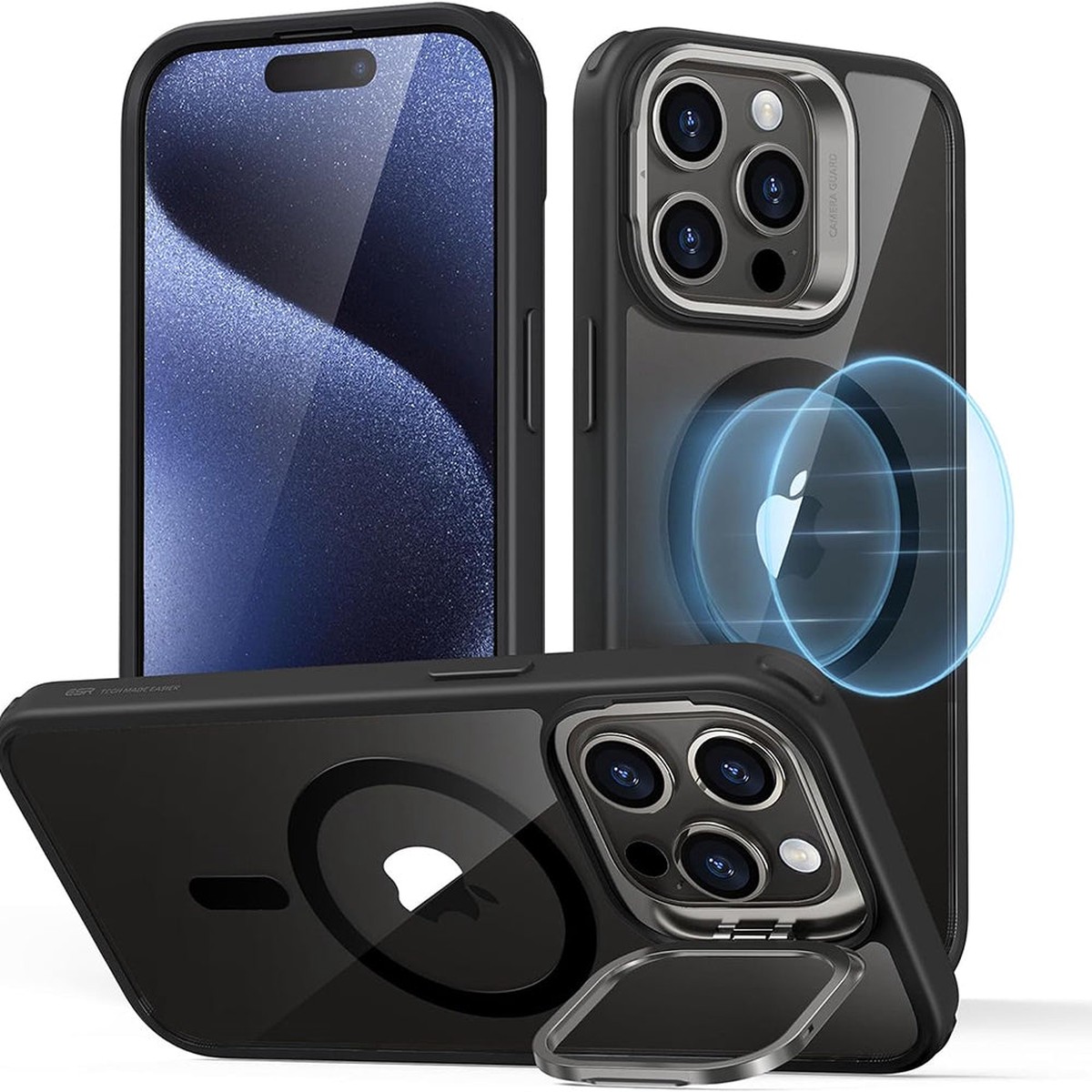 Funda MagSafe para Apple iPhone 15 Pro Max, ESR, Classic Hybrid Kickstand, Negra Transparente