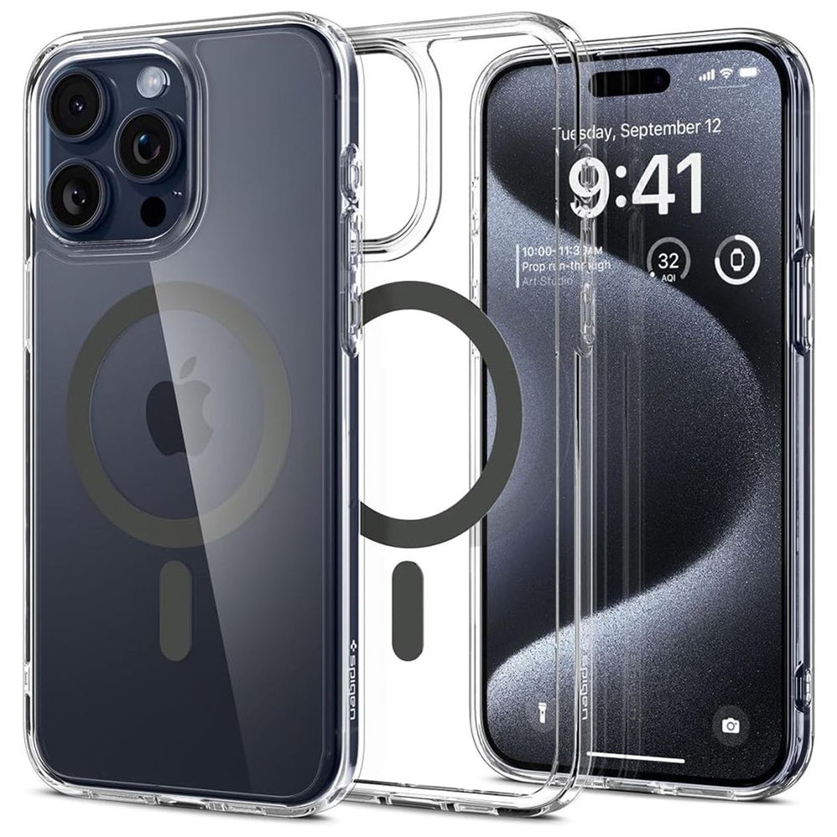 Funda MagSafe para Apple iPhone 15 Pro Max, Spigen, Ultra Hybrid Carbon, Transparente ACS06578