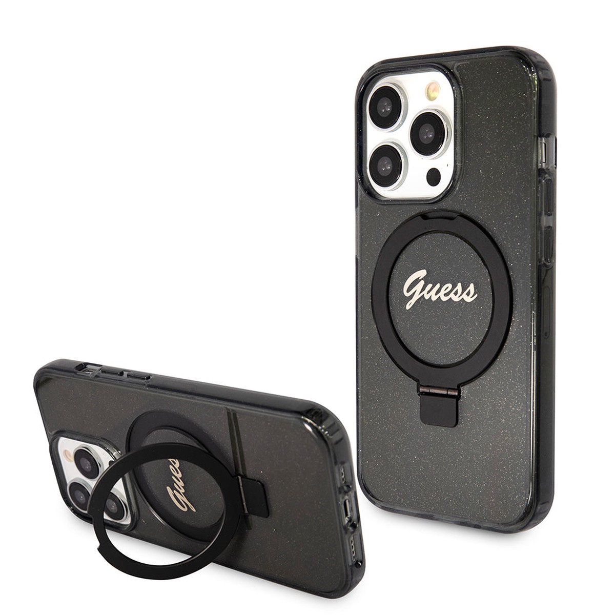 Funda MagSafe para Apple iPhone 15 Pro Max, Guess, IML Ring Stand Glitter, Negra
