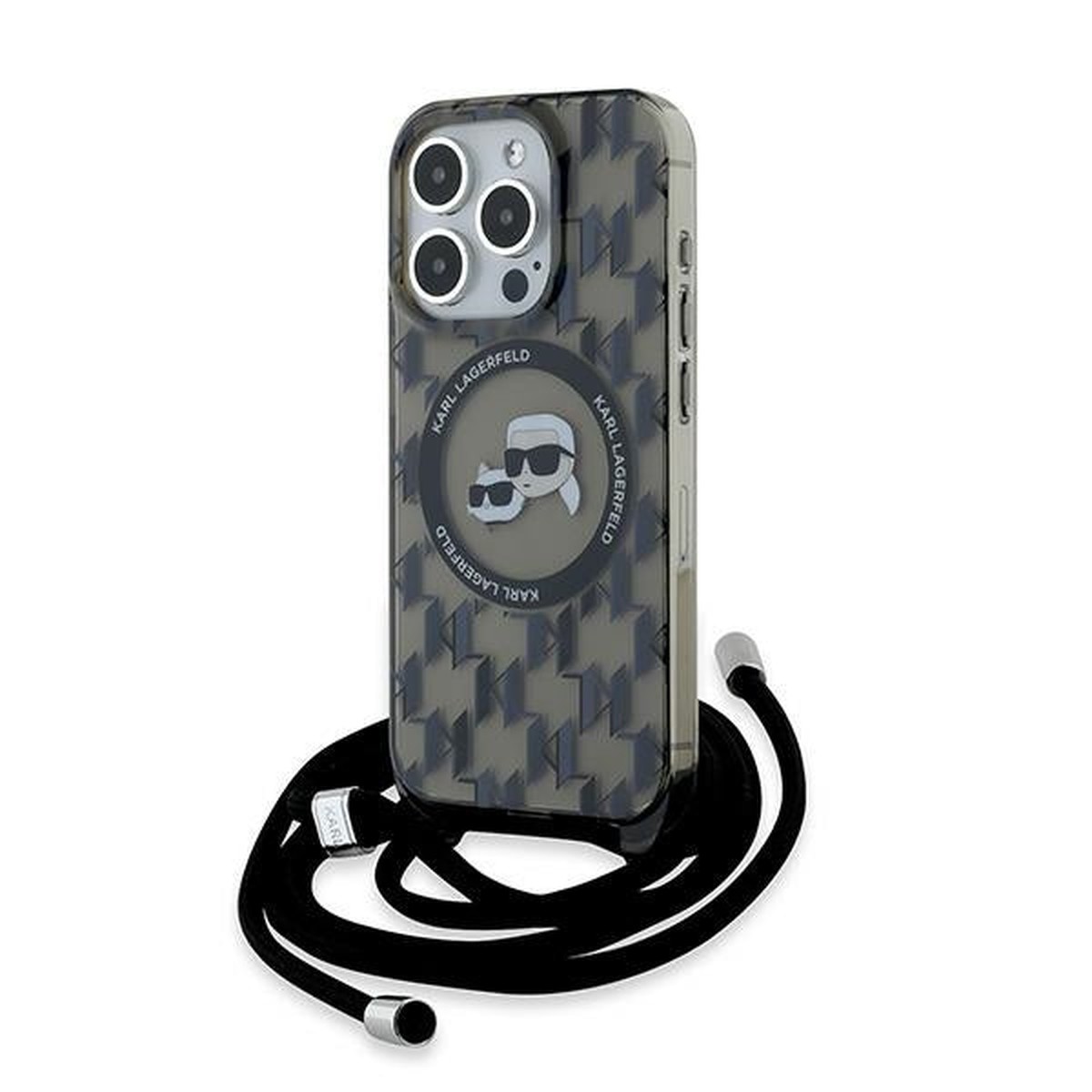 Funda MagSafe para Apple iPhone 15 Pro Max, Karl Lagerfeld, IML Crossbody Monogram Karl & Choupette's Heads, Negra.