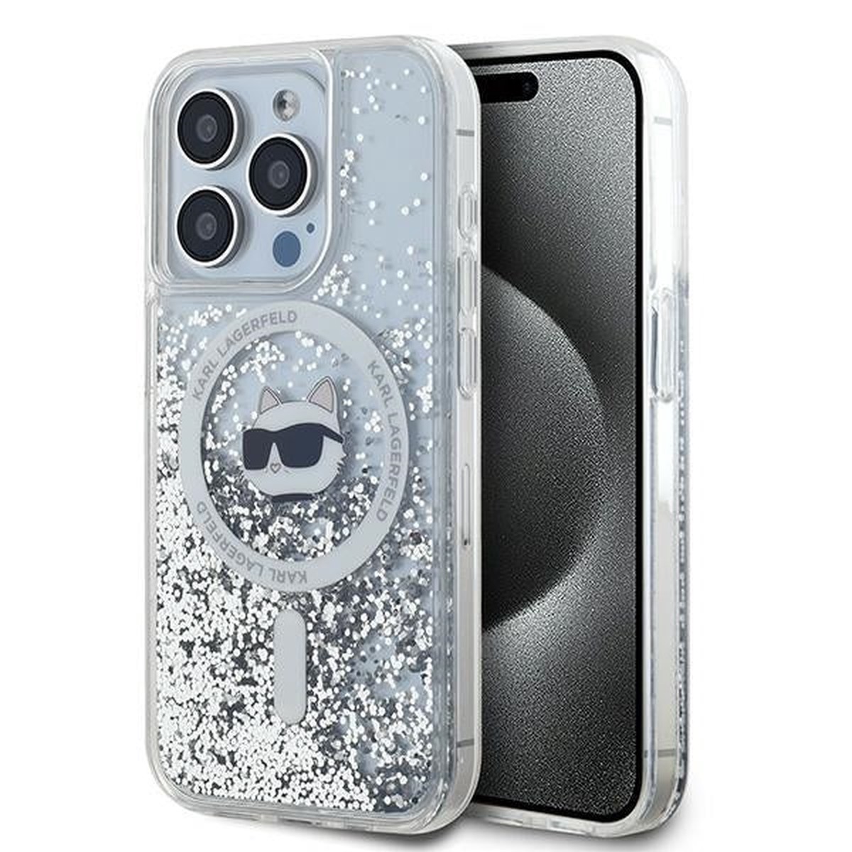 Funda MagSafe para Apple iPhone 15 Pro Max, Karl Lagerfeld, Liquid Glitter Choupette Head, Transparente