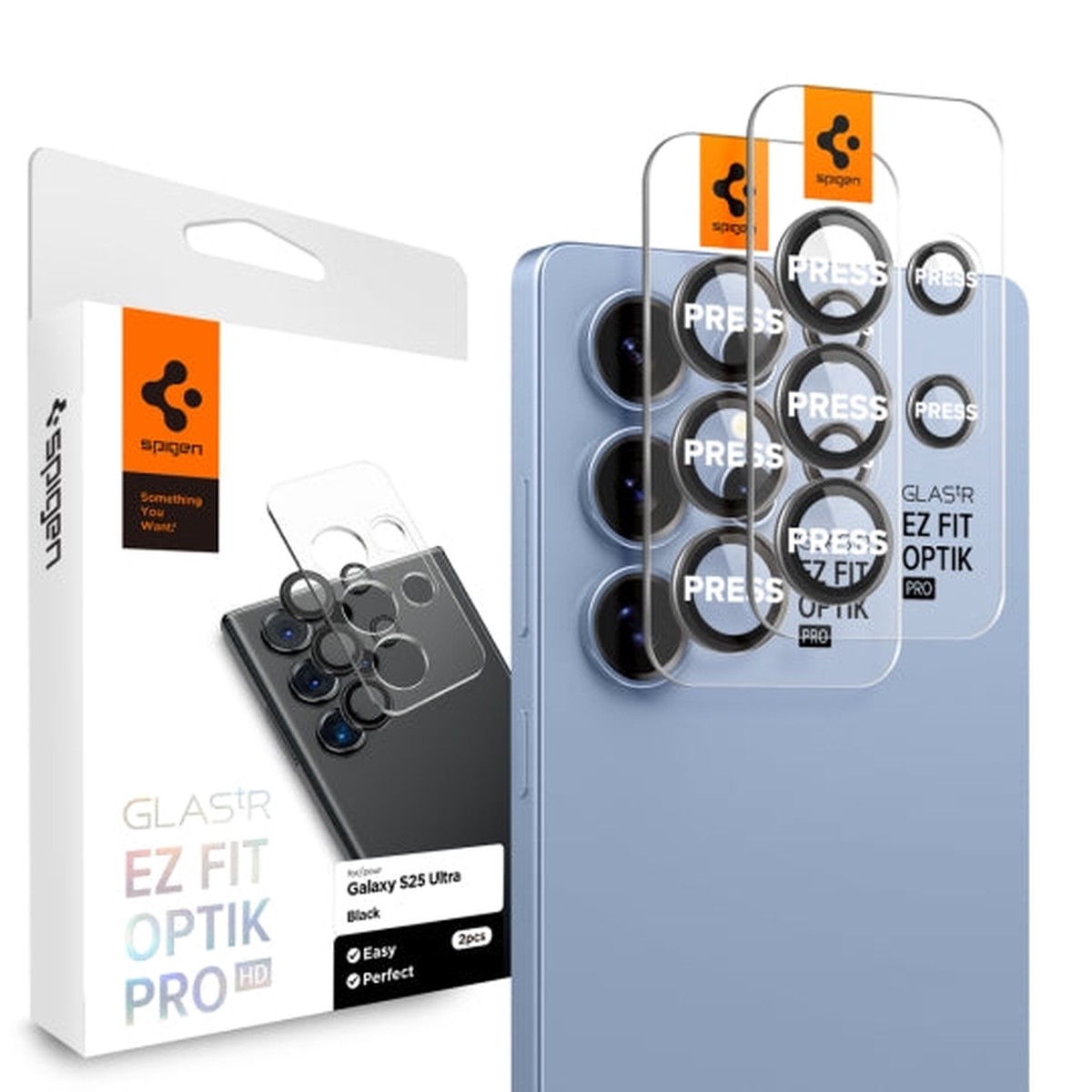 Protector de cmara trasera Spigen GlastR EZ FIT Optik Pro HD para Samsung Galaxy S25 Ultra S938, Cristal Templado, Set de 2 piezas, Negro.