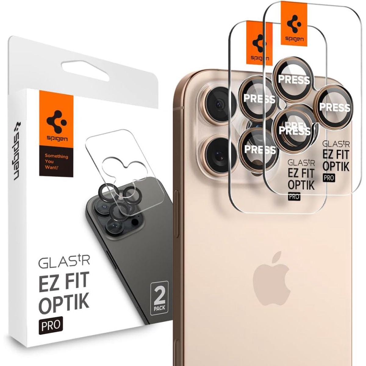 Protector de cmara trasera Spigen GlastR EZ FIT Optik Pro para Apple iPhone 16 Pro, Cristal Templado, Set de 2 piezas, Bronce AGL08862