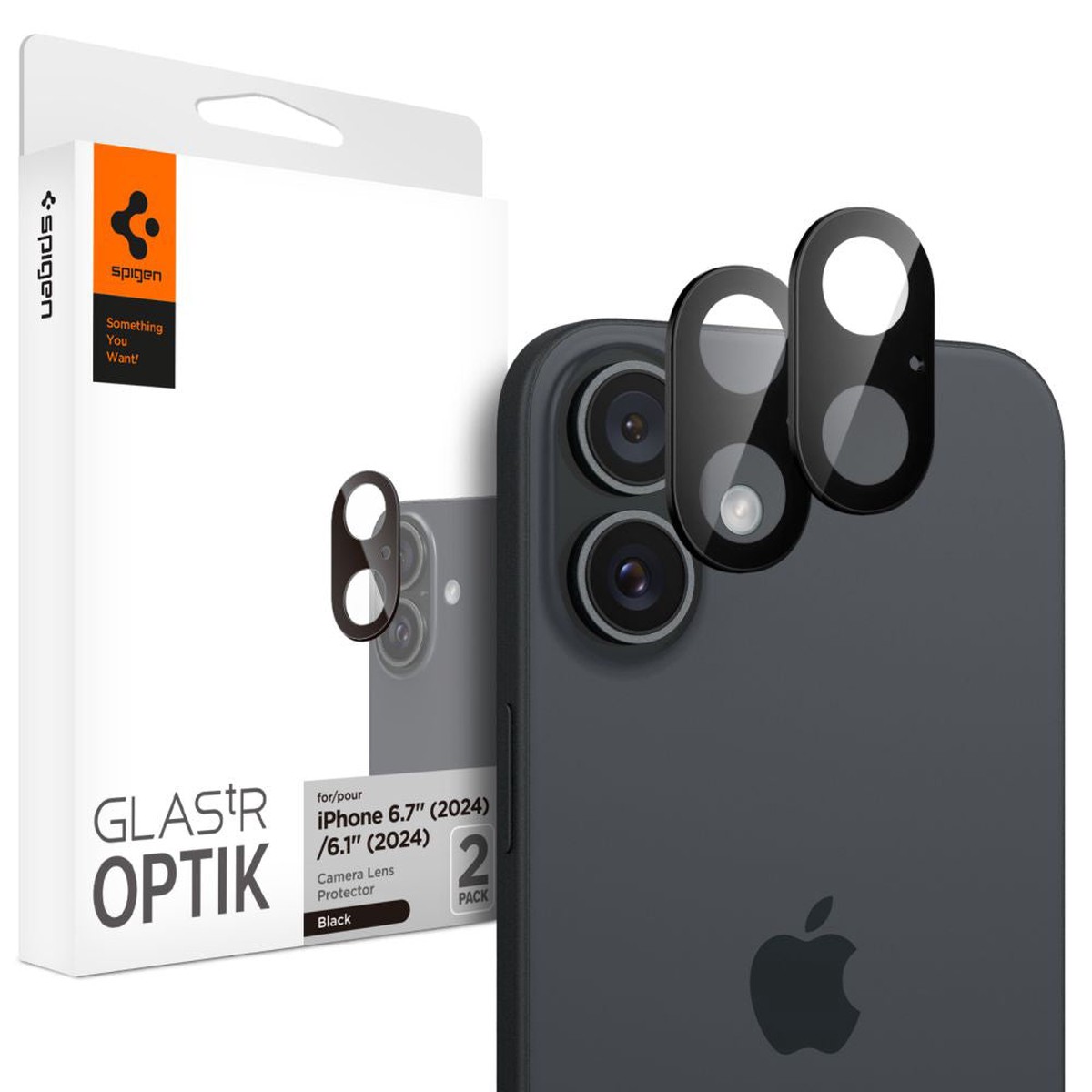 Protector de cmara trasera Spigen GlastR Optik para Apple iPhone 16 Plus / 16, Cristal Templado, Set de 2 piezas, Negro AGL07922