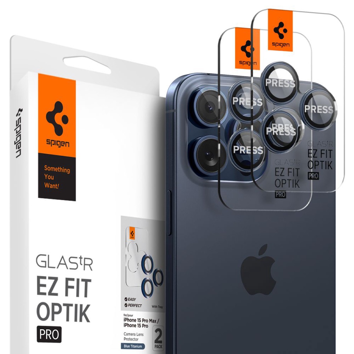Protector de cmara trasera Spigen GlastR EZ FIT Optik Pro para Apple iPhone 16 Pro Max / 16 Pro, Cristal Templado, Set de 2 piezas, Azul
