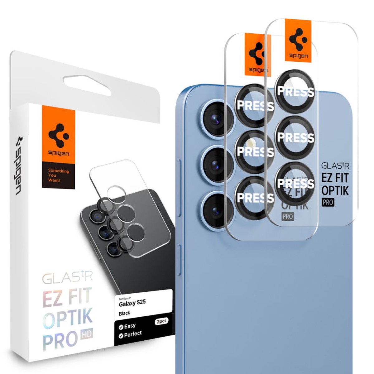 Protector de cmara trasera Spigen GlastR EZ FIT Optik Pro HD para Samsung Galaxy S25 S931, Cristal Templado, Set de 2 piezas, Negro AGL09092
