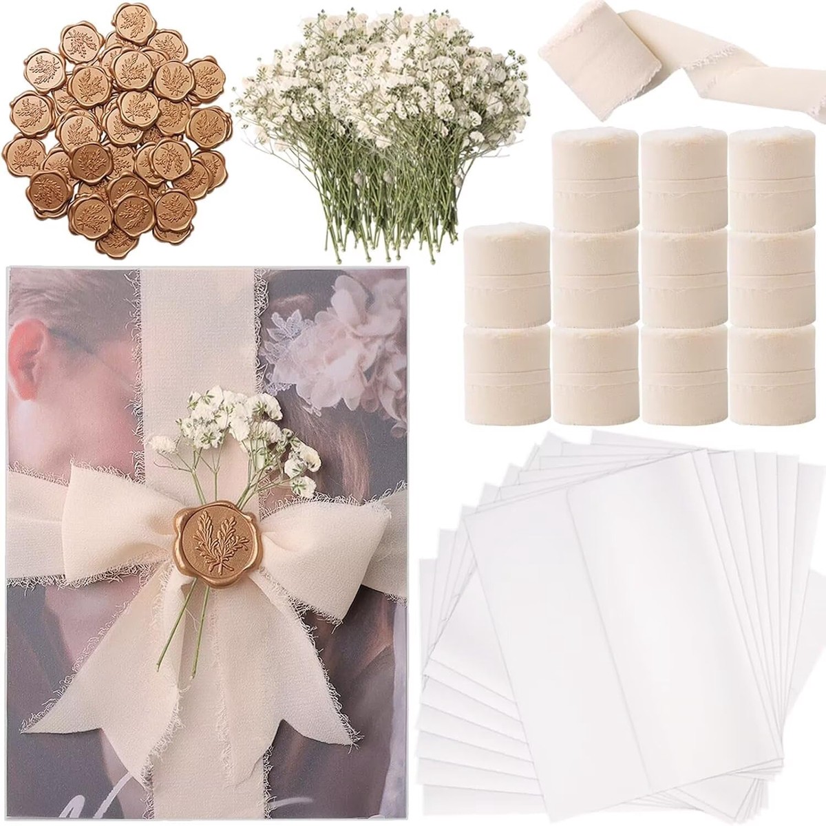 50 Sets Wedding Invitation Wrap Kit for 5x7 Invitations  Pre-Folded Vellum Jackets, 12 Rolls Chiffon Ribbon, Dried Gypsophila & Wax Seal Stickers  Elegant DIY Wedding Supplies