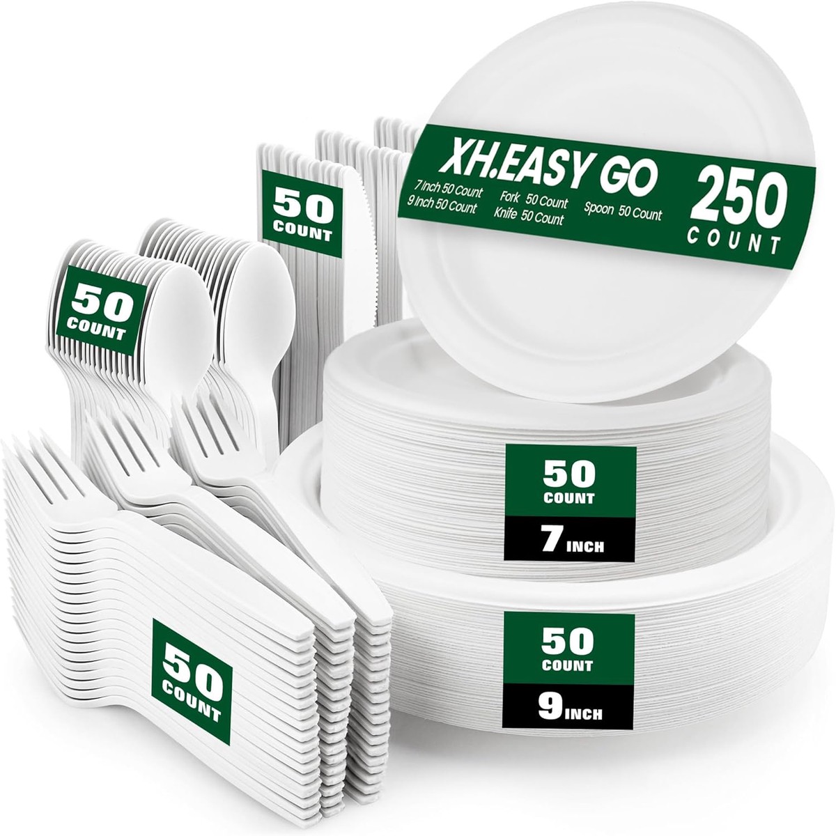 250 PCS Disposable Paper Plates with Cutlery Set 100% Compostable and Heavy Duty Paper Plates Set Include 7&9 Inch Plate, Forks, Knives and Spoons Dinnerware Set for 50 Guests