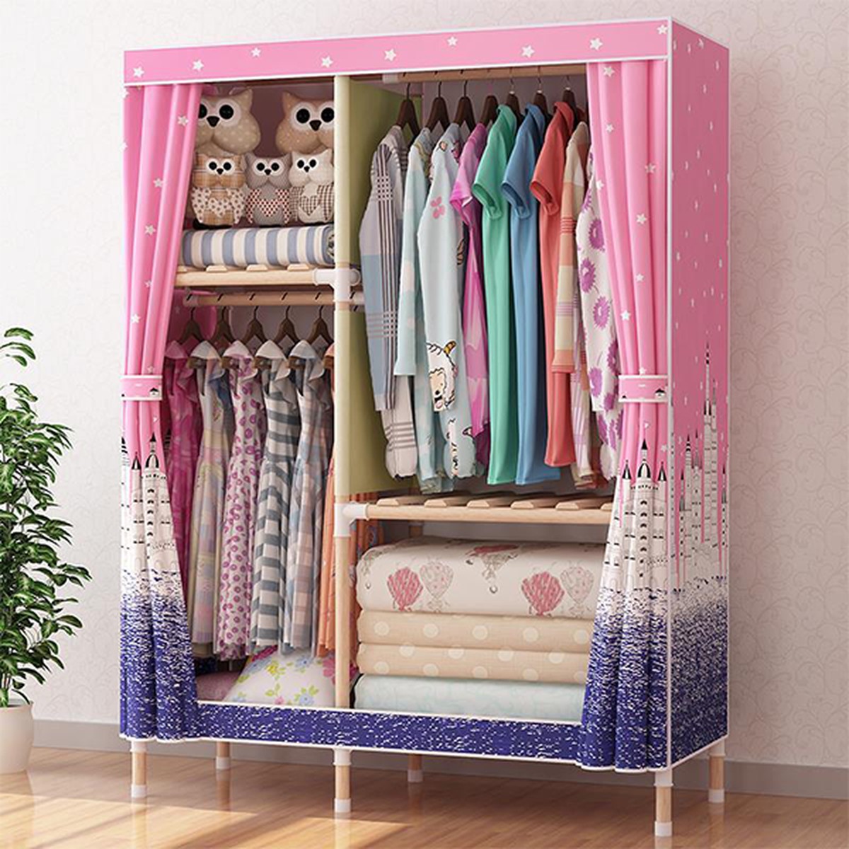 2 Column Storage Wardrobe Foldable Wooden Assembly Simple Cloth Cupboard Wardrobe